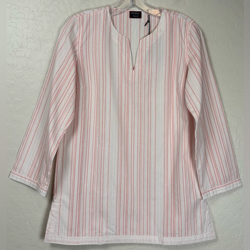 NEW UNTUCKit Durfort Split Neck Stripe Tunic Top Orange White Cotton Size 4 1025